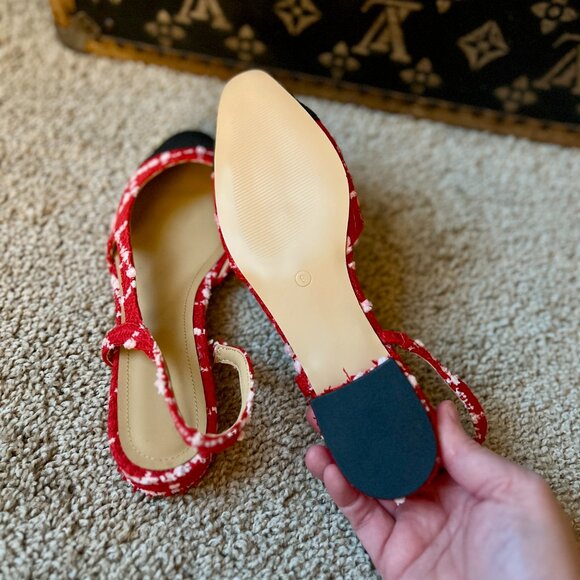 Anthropologie Red Tweed Slingback Flats, Black Cap Toe - Chanel Style - Picture 4 of 5